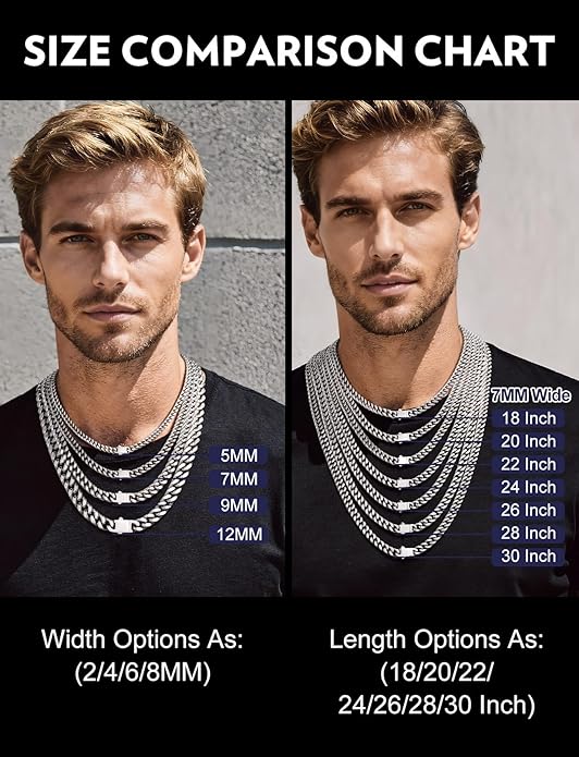 Bandmax Mens Stainless Steel Chain Necklaces 5/7/9/12MM Chunky Miami Cuban Link Chain Necklace Bracelet Silver/Gold Plated/Black Chains for Men 18"-30"