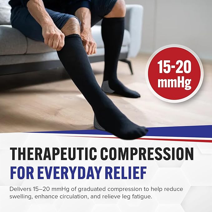 American Hospital Supply Knee High Compression Socks | 15 - 20 mmHg Black Large Lighweight Compression Stockings | Pack of 3 Pairs Therapuetic Support Socks