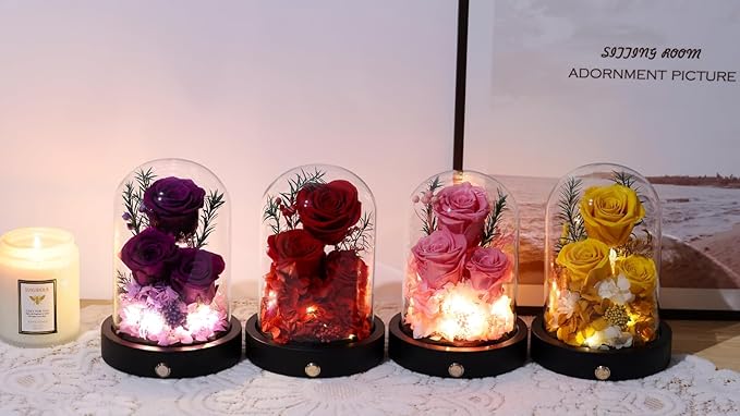 Flowers Gifts for Women, Preserved Roses in Glass Dome, Forever Flowers for Delivery Mothers Day Birthday Gifts for Mom Wife Girlfriend on Valentines Day Anniversary Christmas Purple