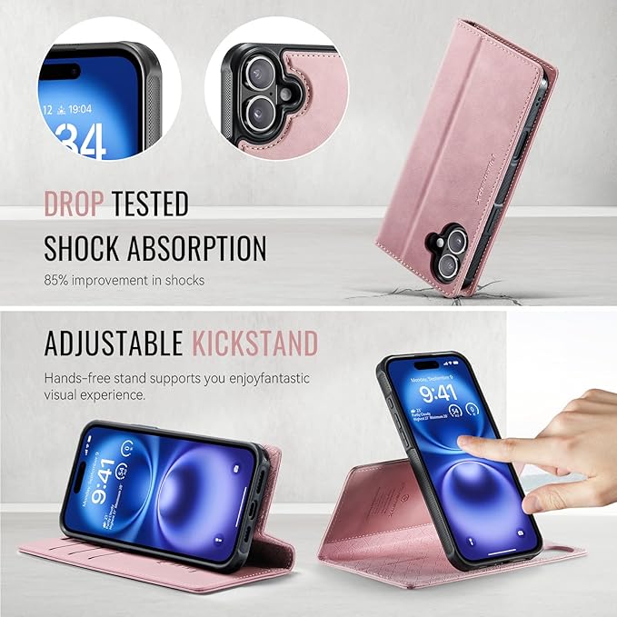 PlusnapX Wallet Case for iPhone 17 Compatible with Magsafe, 2-in-1 PU Leather Flip RFID Blocking Card Holder Stand Shockproof Magnetic Detachable Cover for iPhone 17 Case 6.3", Pink