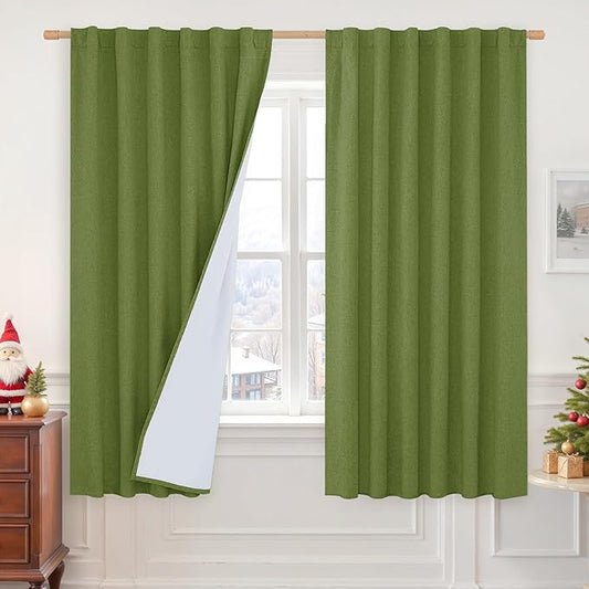 LAMIT 100% Blackout Linen Curtains, 68 Inches Linen Textured Thermal Bedroom Drapes Back Tab and Rod Pocket Christmas Panels with White Liner for Living Room, 2 Panels, 52 x 68 Inch, Olive Green