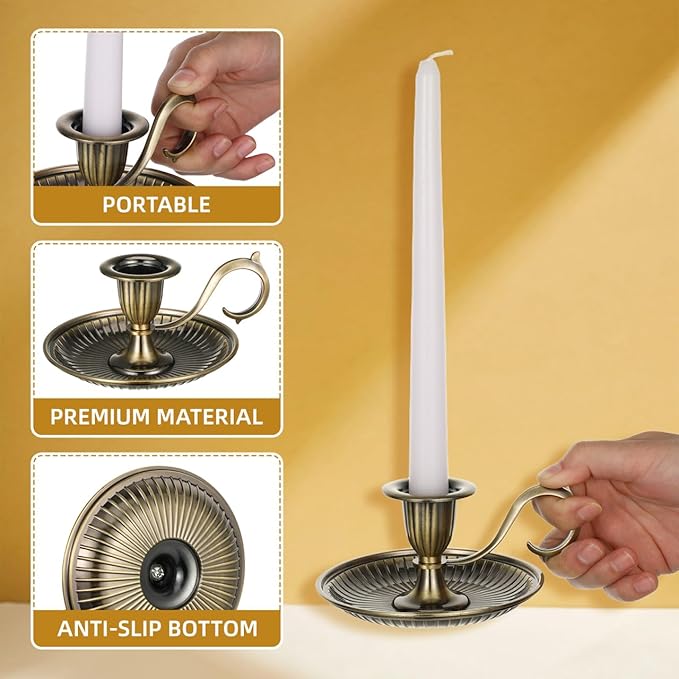 DECHOUS Taper Candle Holder Vintage: Antique Brass Candlestick Holder with Handle - Hand Held Bronze Chamberstick Candleholder for Home Table Centerpiece Wedding Party
