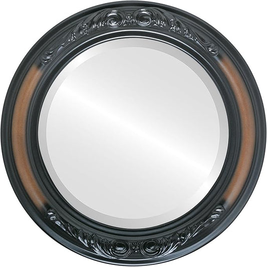 OVALCREST Round Beveled Wall Mirror for Home Decor - Florence Style - Walnut - 34x34 Outside Dimensions