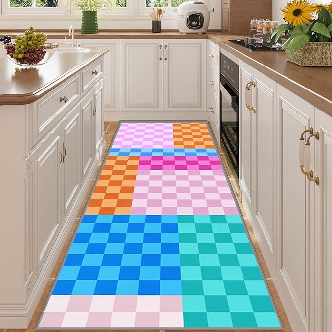 Multicolored Checkerboard Grid Runner for Entryway, 4x12ft, Boho Colorful Checkered Pattern Kids Playing Mat, Cozy Soft Absorbent Reduce Noise Rugs, Durable Washable Carpet for Family