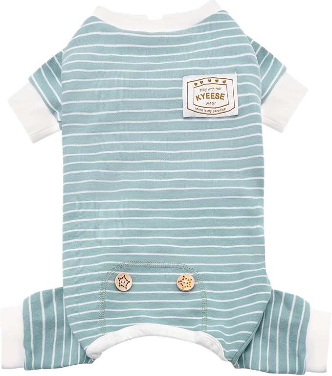 KYEESE Dog Pajamas Stretchable 4 Legs Doggie Jammies Striped Jumpsuit Lightweight Onesie Puppy Pajamas Cozy Outfit Comfortable Dog Clothes Hair Shedding Cover Pet Sleepwear, Green Striped, Medium
