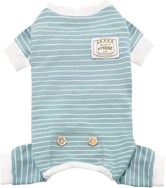 KYEESE Dog Pajamas Stretchable 4 Legs Doggie Jammies Striped Jumpsuit Lightweight Onesie Puppy Pajamas Cozy Outfit Comfortable Dog Clothes Hair Shedding Cover Pet Sleepwear, Green Striped, Medium