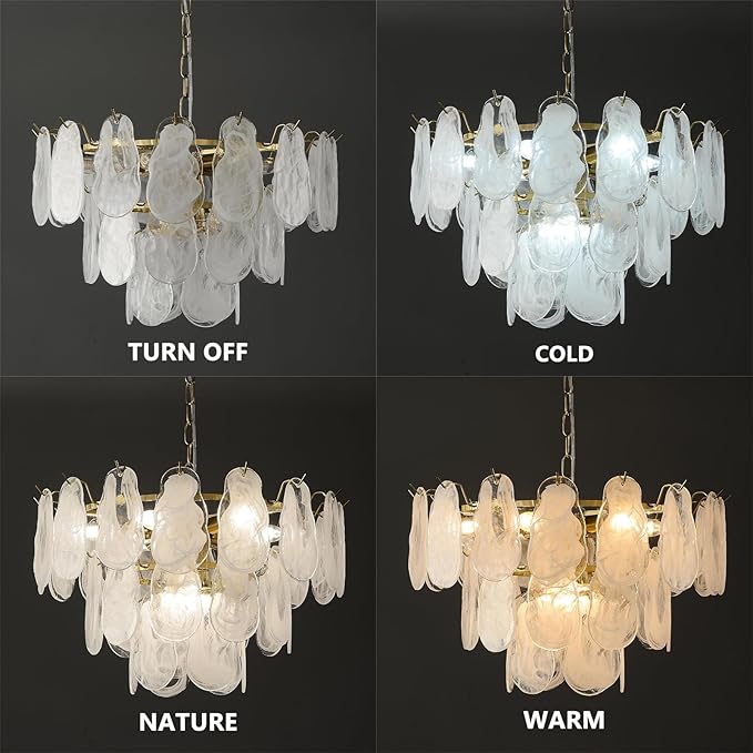 Gold Modern Chandelier 23in 9-Light Cloud Glass Pendant Light Mid Century Chandelier with White Shell Crystal Chandeliers for Bedroom Dining Room Living Room Kitchen Island Foyer