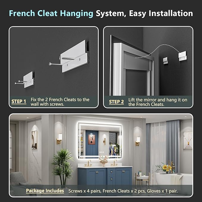 60x40 LED Bathroom Mirror with Lights, Backlit and Front Lit, Anti-Fog Lighted Vanity Mirrors for Bathroom Wall, Dimmable, 3-Color Light, Memory, Shatter-Proof, HD Tempered Glass, CRI＞90
