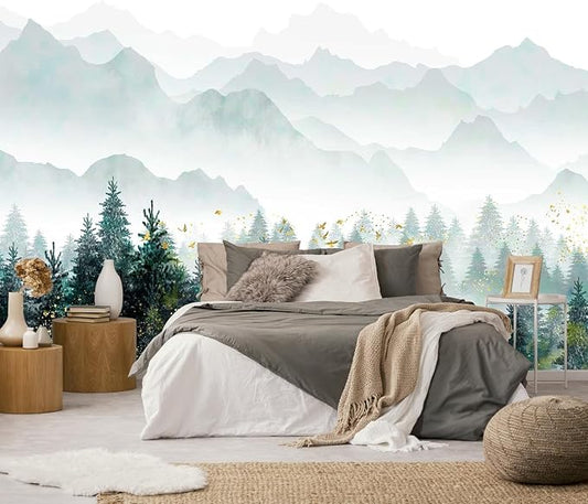 Hazy Forest Wallpaper with Gold flecks, Misty Mountain Peaks Mural, Nature Landscape Wall Mural（Non-self-Adhesive）