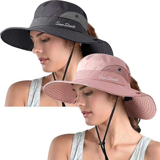 ZOORON Women's Ponytail Safari Sun Hat,Wide Brim UV Protection Outdoor Bucket Hat,Foldable Beach Summer Fishing Hat