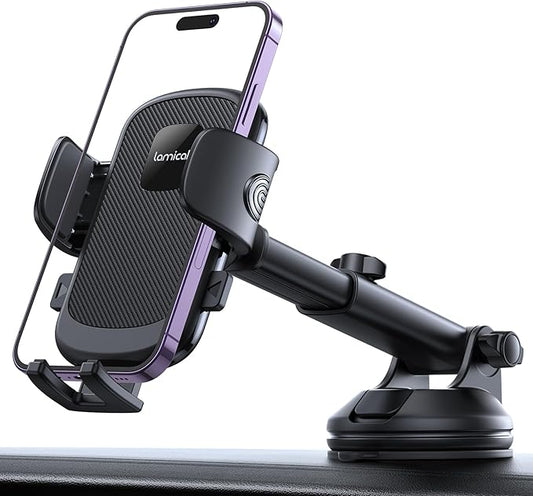 Lamicall Car Phone Mount - [Strongest Military-Grade Suction Cup] 360° Rotation Phone Holders for Your Car Quick Release Adjustable Phone Mount for Car Dashboard for iPhone 17 16 Pro Max Dark Grey