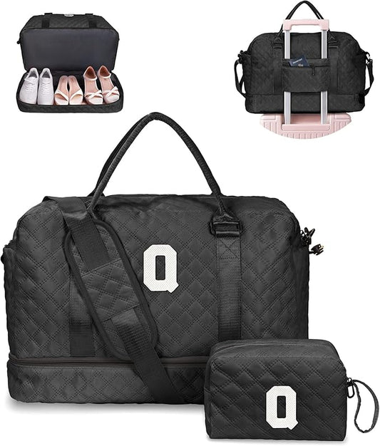 Vogewood Teacher Appreciation Gifts for Women-Initial Duffle Bag with Shoe Compartment, Weekender Bag, Monogram Overnight Bag, Letter Travel Bag with Makeup Bag，Birthday Gift for Women Girl (Letter Q)
