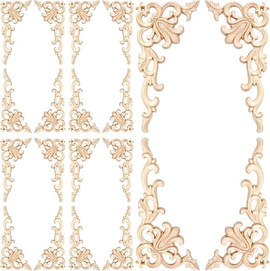 20 Pcs Wood Applique Corner Onlay Decorative Wood Applique DIY Wooden Carved Corner Unpainted Wooden Carved Decals Carving Decal for Furniture Wall Cupboard Bed Cabinet(Cute Style)
