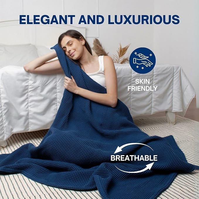 Best Organic Cotton Waffle Blankets King Size (104" x 90") - All-Natural, Toxic-Free, Lightweight, Breathable,Soft, Luxurious, for All Seasons(Blue)