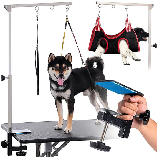 Phenfor Dog Grooming Table Arm with Hammock - Adjustable Height, Pet Grooming Hammock, No Sit Haunch Holders, Loop Noose Heavy-Duty Clamp (Stainless Steel)