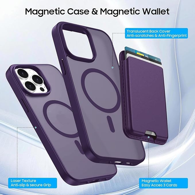 Ntwinro Magnetic for iPhone 13 Pro Max Case (Compatible with MagSafe) with Detachable Wallet & Card Holder for 3 Cards [RFID Blocking] Military Grade Protective Slim Phone Cover, Purple