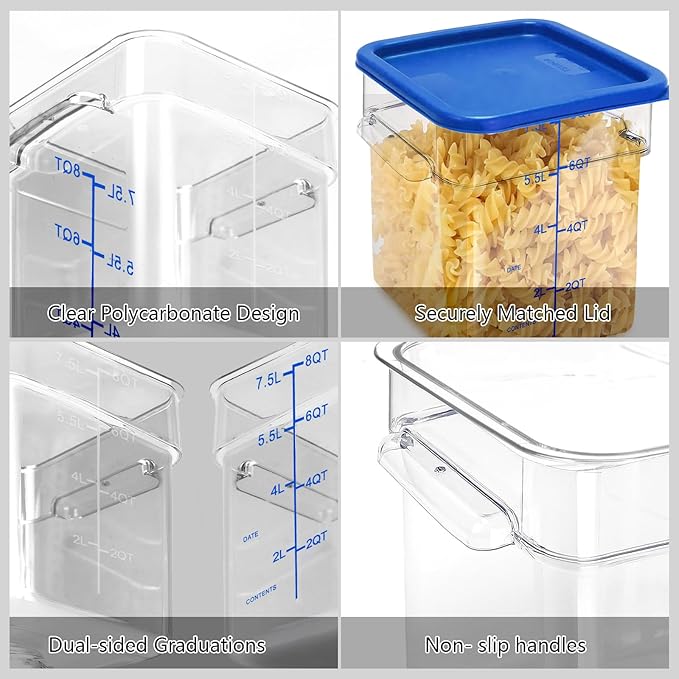 TSUBOR 4 Pack Food Storage Containers with Red Lids, 12.0 Qt - Square, Clear, Polycarbonate, for Restaurant Commercial Kitchen and Home party