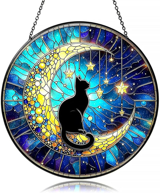 Midnight Black Cat on Moon Stained Glass Suncatcher - Celestial Window Hanging Decor for Feline Lovers, Heartfelt Pet Loss Memorial Gift, Unique Sympathy Decor for Grieving Cat Owners