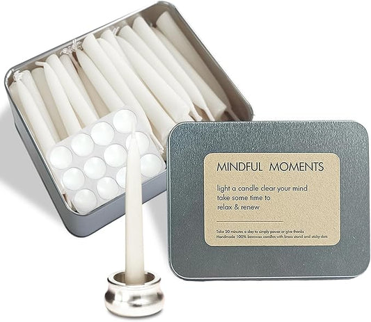 Meditation White Taper Candles Set, 20 Minute Unscented Mini Prayer Candles, 30 pcs Small Wishing Candle with Brass Candle Holders for Home Yoga
