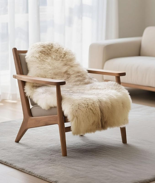 DPB Genuine Sheepskin Throw Rug, New Zealand 100% Natural Luxury Fluffy Lambskin Fur Area Rug for Sofa Chair Seat Cove Living Room Bedroom (Wolf Brown Tips, 2x3Ft)