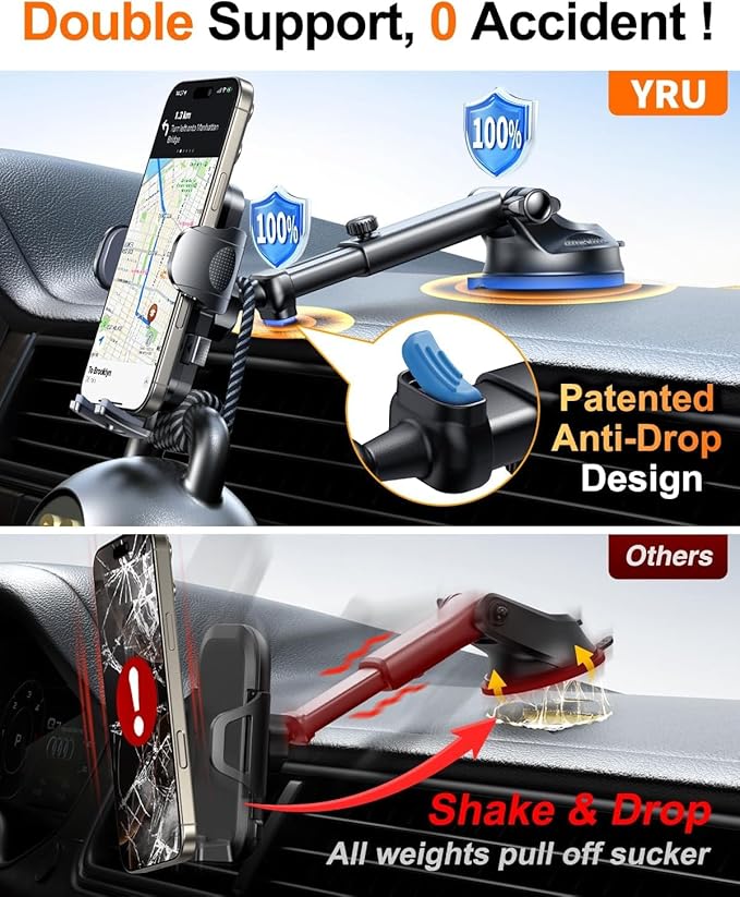 YRU True Military-Grade [360°Rotation Suction] 2025 Ultimate Car Phone Holder Mount[90+LBS Safest Strongest & Patent Certs] Dashboard Windshield Vent for iPhone 17 16 Pro Max Samsung,Blue Black