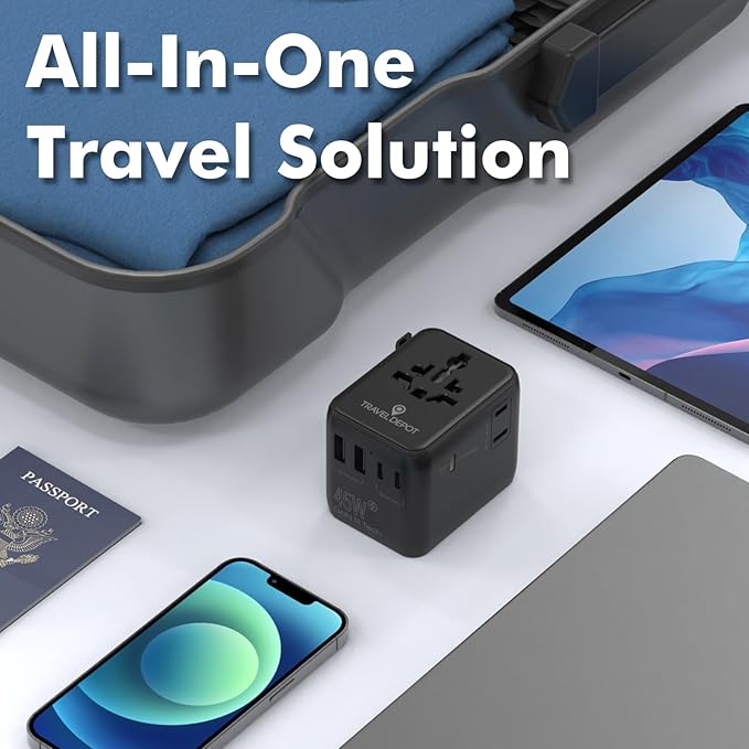 7 in 1 Travel Adapter Worldwide w/GaN 45W, 2 USB-A (15W), 3 USB-C (45W), 2 AC Outlets, Safety Certified International Plug Adapter for Universal Laptop, Phone, Camera for US, EU, UK, AU