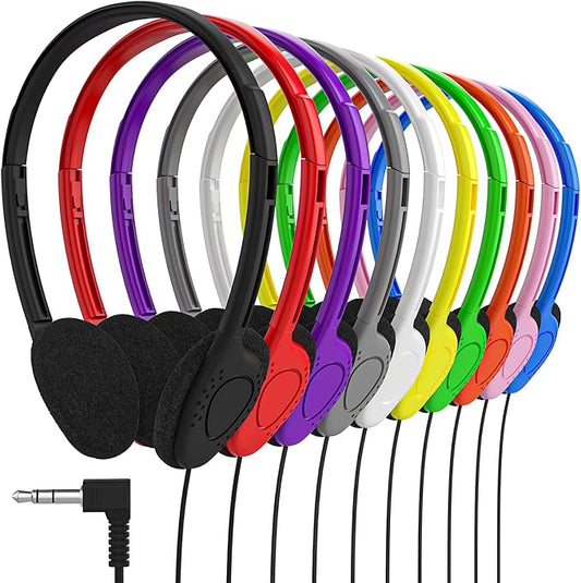 Maeline Bulk Classroom Student Headphones On Ear Stereo Headphones Flexible Adjustable Band for Kids Online Learning, Library, School, Airplane, Travel - 3.5mm Plug - 1000 Pack - Multi