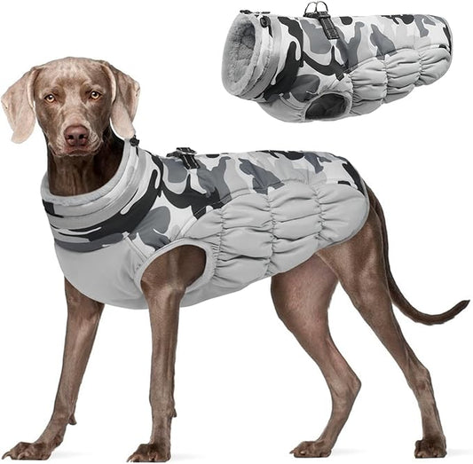 FUAMEY Dog Coat for Large Dogs,Waterproof Dog Winter Jacket with Harness Built in Puppy Cold Weather Coats Reflective Pet Vest with Zipper Warm Fleece Dogs Snowsuit Windproof Grey Camo XXL