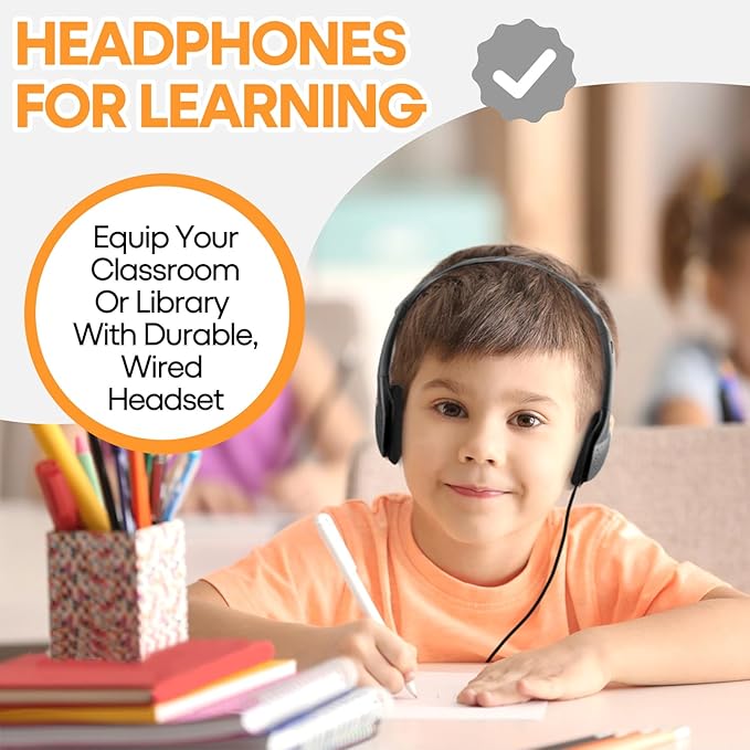 Kids Headphones Bulk 25 Pack for School Classroom K-12, Wholesale Wired Adjustable Headsets for Students Teens Children Gift and Adult (HY857,25 Black)