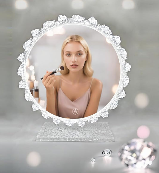 Crystal LED Vanity Mirror with Touch Control 3 Color Lights, Dimming 360° Rotation Desktop Elegant Decorative Hollywood HD Makeup Mirror