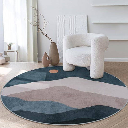 5ft Boho Round Classroom Rug,Abstract Washable Non-Slip Mountain Area Circle Rug,Soft Mountain Low-Pile Circle Throw Rugs for Living Room Sofa Dining Room Decor(Blue)