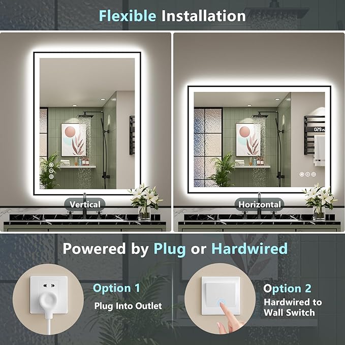 48x32 Black Framed LED Bathroom Mirror with Lights, Backlit and Front Lit Anti-Fog Lighted Vanity Mirror for Bathroom Wall, 3 Colors, Dimmable, Memory, Shatter-Proof, HD Tempered Glass