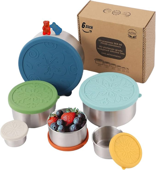Alpine Elevation 12 Pcs - 6 Stainless Steel Containers + 6 Silicone Lids | 304 Stainless Steel Snack Container | Nesting Snack and Dip Containers | Metal Food Storage