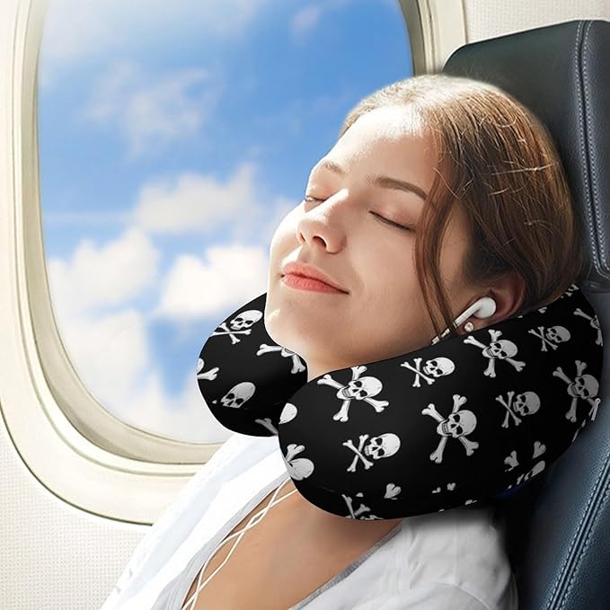 Luxurious Memory Foam U-Shape Pillow, Skull and Crossbones U-Shaped, Neck & Head Support for Travel Airplane Office Sleep, Washable Cover Comfort