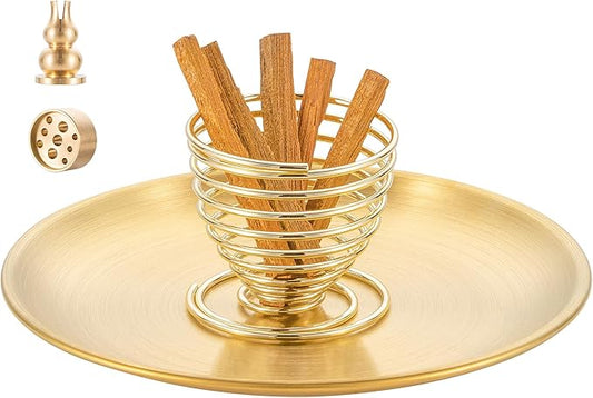 OSOPOLA 4 in 1 Incense Burner - 5.5 Inch Brass Gourd-Shaped Incense Holder for Sticks/Cones/Coils - Multi-Functional Metal Ash Catcher for Meditation, Yoga, Home Decor