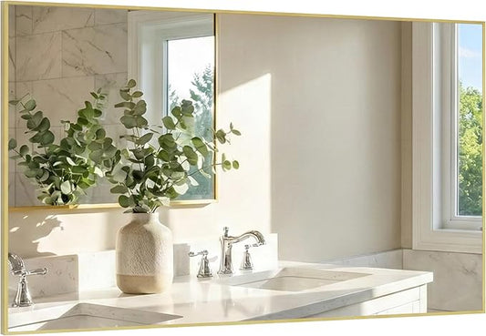 55"x30" Gold Bathroom Mirror, Metal Framed Vanity Mirror for Wall, Full Length Body Mirror for Bedroom & Closet, Modern Luxe Decor, Flush Mount