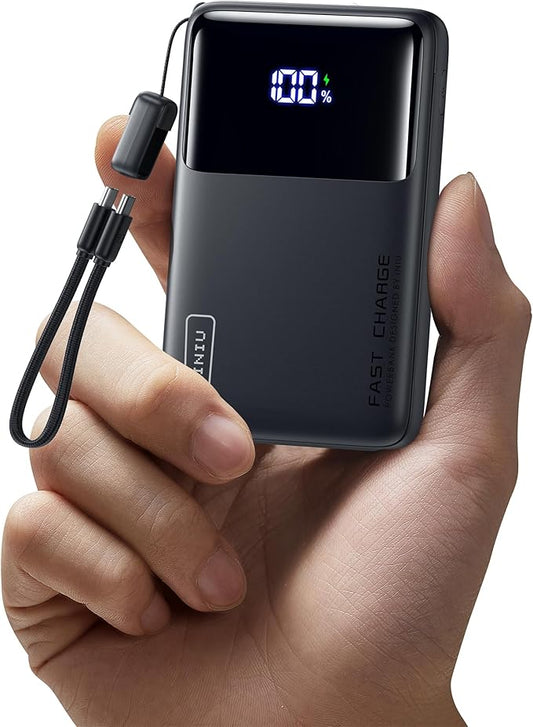 INIU Small Portable Charger, 45W PD Fast Charging 10000mAh Power Bank, Battery Pack with Attached USB C Cable, Travel Essentials Powerbank for iPhone 17 16 15 14 Pro Air, Xiaomi, Samsung S25 S24 etc