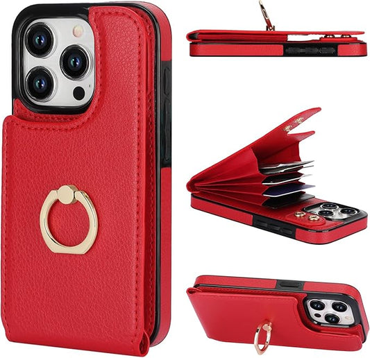 Folosu Compatible with iPhone 15 Pro Case Wallet with Card Holder, 360°Rotation Finger Ring Holder Kickstand, RFID Blocking Leather Protective Double Buttons Shockproof Cover 6.1 Inch Red