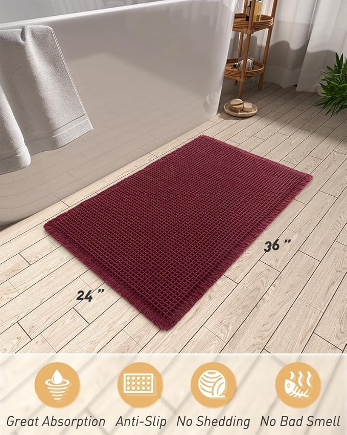Upgraded Christmas Waffle Bath Mat, Super Absorbent Non Slip Bath Mats for Bathroom Floor, Machine Washable Bathroom Rugs with Tassels, Rubber Backed Bathroom Mats, Ultra Soft, 24" x 36", Burgundy
