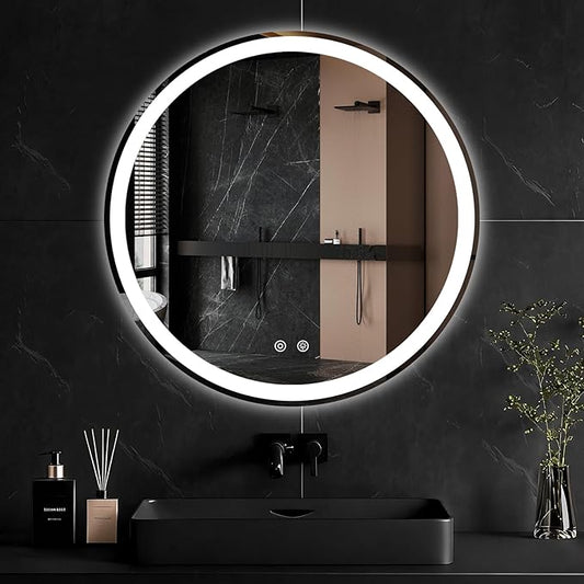 Sweetcrispy 28 Inch Round LED Bathroom Mirror with Lights, Circle Vanity Mirror with Anti-Fog, Dimmable, 3-Color Light, Memory Function, Tempered Glass