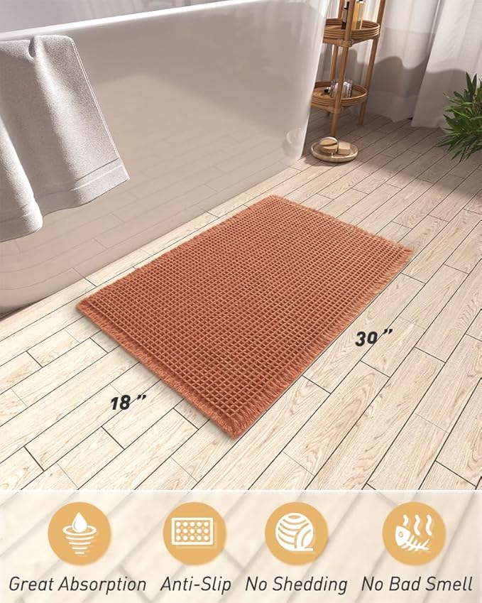 AMOAMI Upgraded Waffle Bath Mat, Super Absorbent Non Slip Bath Mats for Bathroom Floor, Machine Washable Bathroom Rugs with Tassels, Rubber Backed Bathroom Mats, Ultra Soft, 18" x 30", Dirty Orange