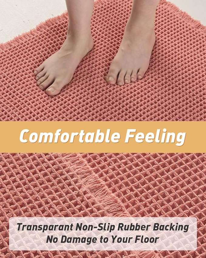 AMOAMI Upgraded Waffle Bath Mat, Super Absorbent Non Slip Bath Mats for Bathroom Floor, Machine Washable Bathroom Rugs with Tassels, Rubber Backed Bathroom Mats, Ultra Soft, 18" x 30", Coral