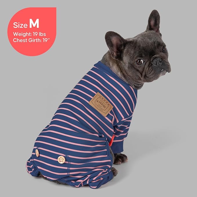 KYEESE Dog Pajamas, Soft Striped Pet Jumpsuit, Velvet Fleece Doggie Jammies, 4 Legs Dog Clothes, Stretchable Pajamas Cozy Outfit, Comfortable Onesie Sleepwear for Small Dogs,Navy Blue Striped, Large