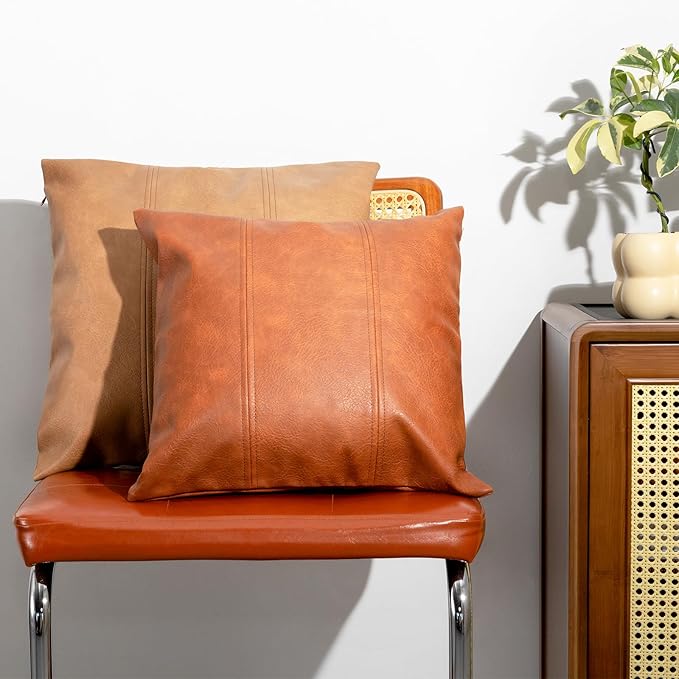 Faux Leather Throw Pillow Cover 16X16 Inch Set of 2 Brown Outdoor Modern Farmhouse Solid Decorative Pillow Covers for Room Couch Living Bedroom Bed Sofa