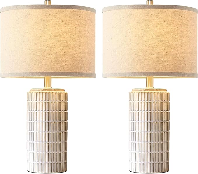 23'' Set of 2 Modern Ceramic Table Lamps for Living Room Bedroom, Nightstand Farmhouse Beige White Desk Lamp for Bedside End Table Entryway, 2 LED Bulbs Included