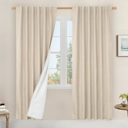 LAMIT 100% Blackout Natural Linen Curtains, 78 Inches Linen Textured Thermal Bedroom Curtains Back Tab and Rod Pocket Neutral Panels with White Liner for Farmhouse, 2 Panels, 52 x 78 Inch, Linen