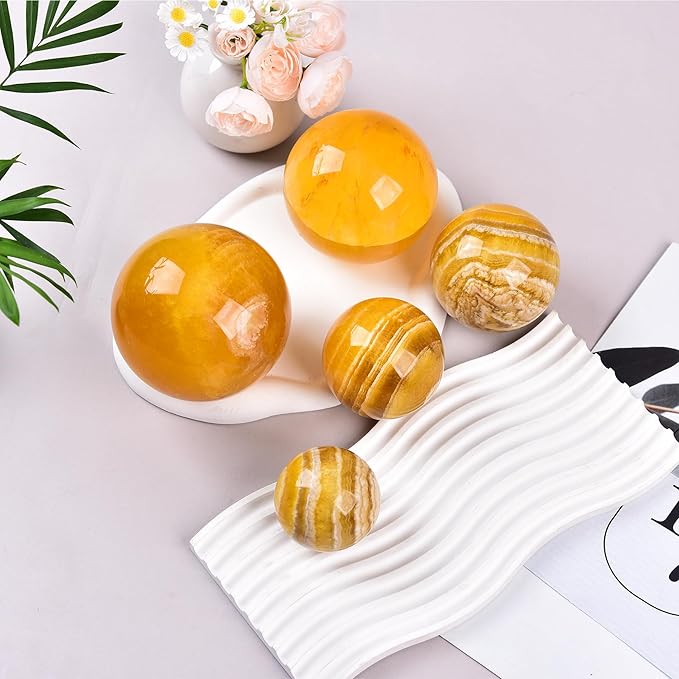 JIC Gem Yellow Fluorite Crystal Ball with Wooden Stand Yellow Healing Crystal Sphere Ball for Feng Shui Decor Spiritual Gifts 60-70mm