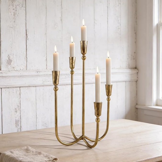 Cast Iron Candelabra 5-Taper Candle Holders, Candlestick Holders Tabletop Candles Stand, Decorative Table Centerpieces Mantel Decor, Antique Brass