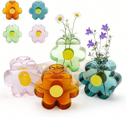 Covzoe 4 Pack Small Glass Vases, Colorful Unique Flower Shaped Vase, Cute Glass Bud Vases for Centerpieces, Girly Modern Decorative Mini Vase for Living Room Bedroom Shelf Home, Office, Wedding