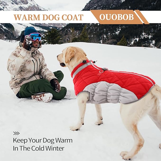 OUOBOB Winter Dog Coat,Large Dog Jacket,Waterproof Pet Jacket with Back Zipper,Pet Coat with Harness Built in,Warm Dogs Coat with Fleece Lined, Snow Jacket Clothes French Bulldog Shiba Inu,Red,L